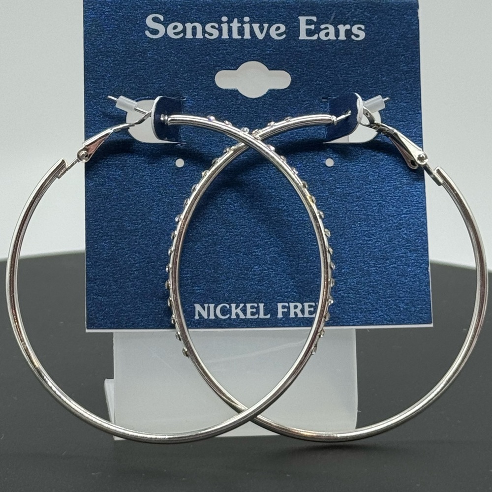 Sensitive Ears Silver Hoop Earrings With CZ Accents 2.5 inch